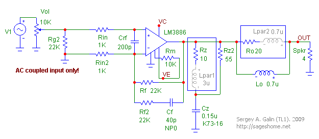 Simple and compact LM3886 gainclone amplifier schematics